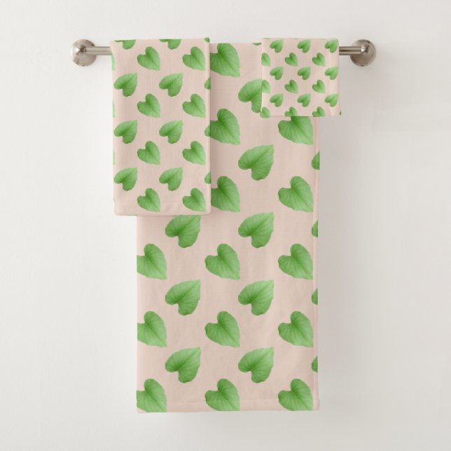 Modern Green Leaf Pattern on Beige Bath Towel Set (Insitu)