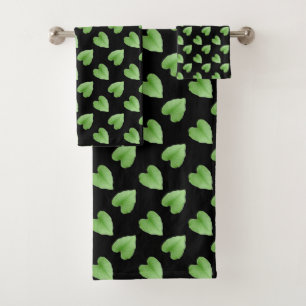 Modern Green Leaf Pattern on Black Bath Towel Set