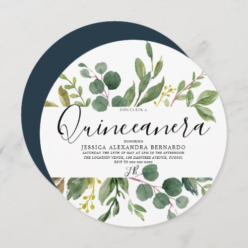 Modern Green Leaf Watercolor Quinceanera 15th Invitation