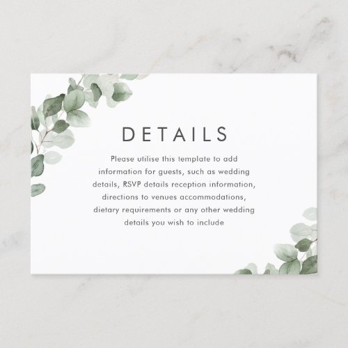 Modern Green Leaf Wedding Reception Details Enclosure Card