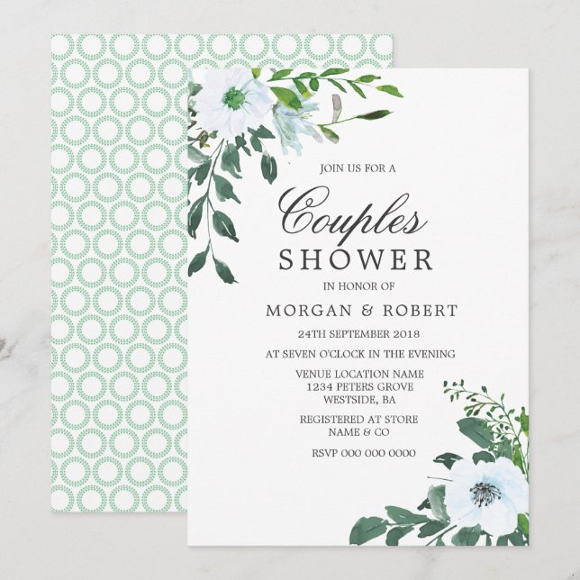 Modern Green Leaf White Floral Couples Shower Invitation (Front/Back)
