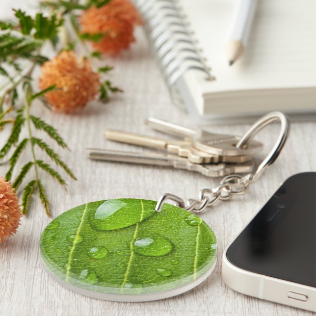 Modern Green Leaf with Raindrops  Keychain (Front Right)