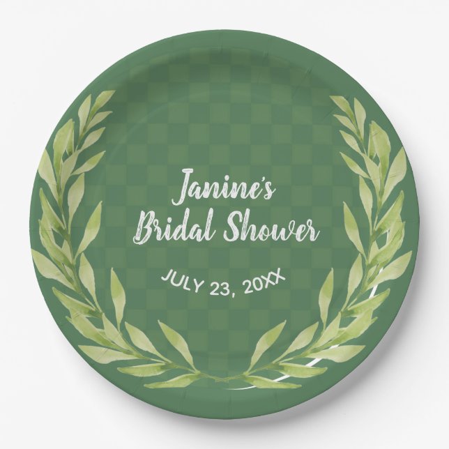 Modern Green Leaf Wreath Customizable  Paper Plates (Front)
