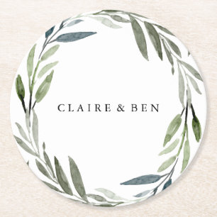 Modern Green Leaf Wreath Wedding Engagement Party Round Paper Coaster