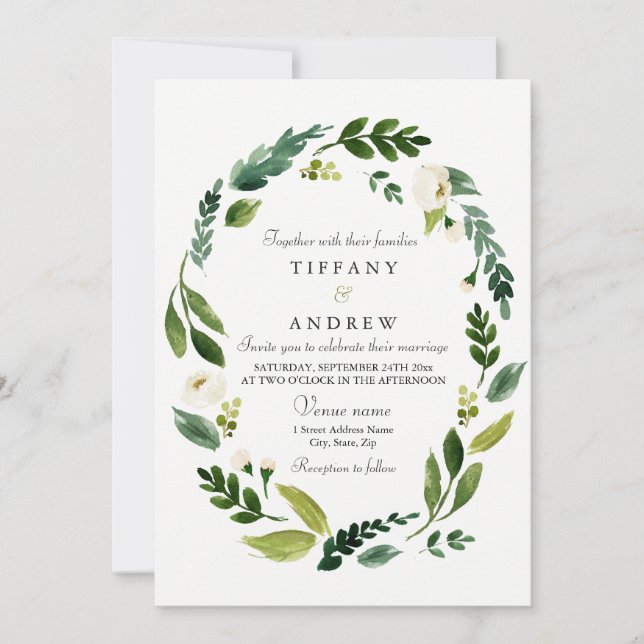 Modern Green Leaf Wreath Wedding Invite (Front)
