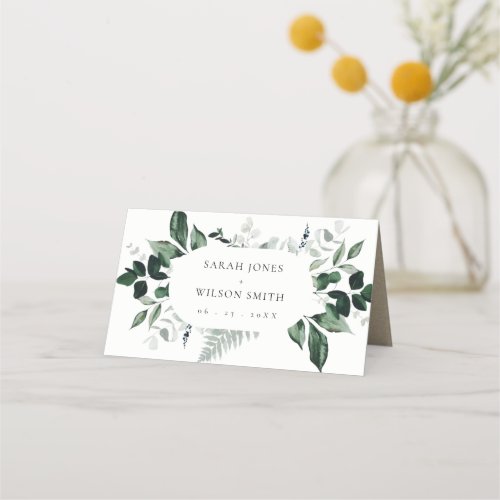 Modern Green Leafy Tropical Foliage Wedding Place Card
