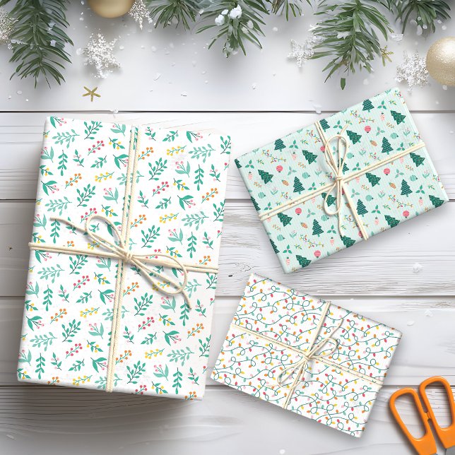 Modern Green leaves and Holiday Lights Christmas Wrapping Paper Sheets (Creator Uploaded)