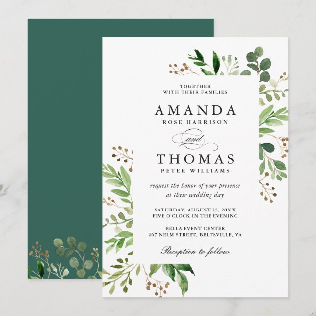 Modern Green Leaves Foliage Frame Wedding Invitation (Front/Back)