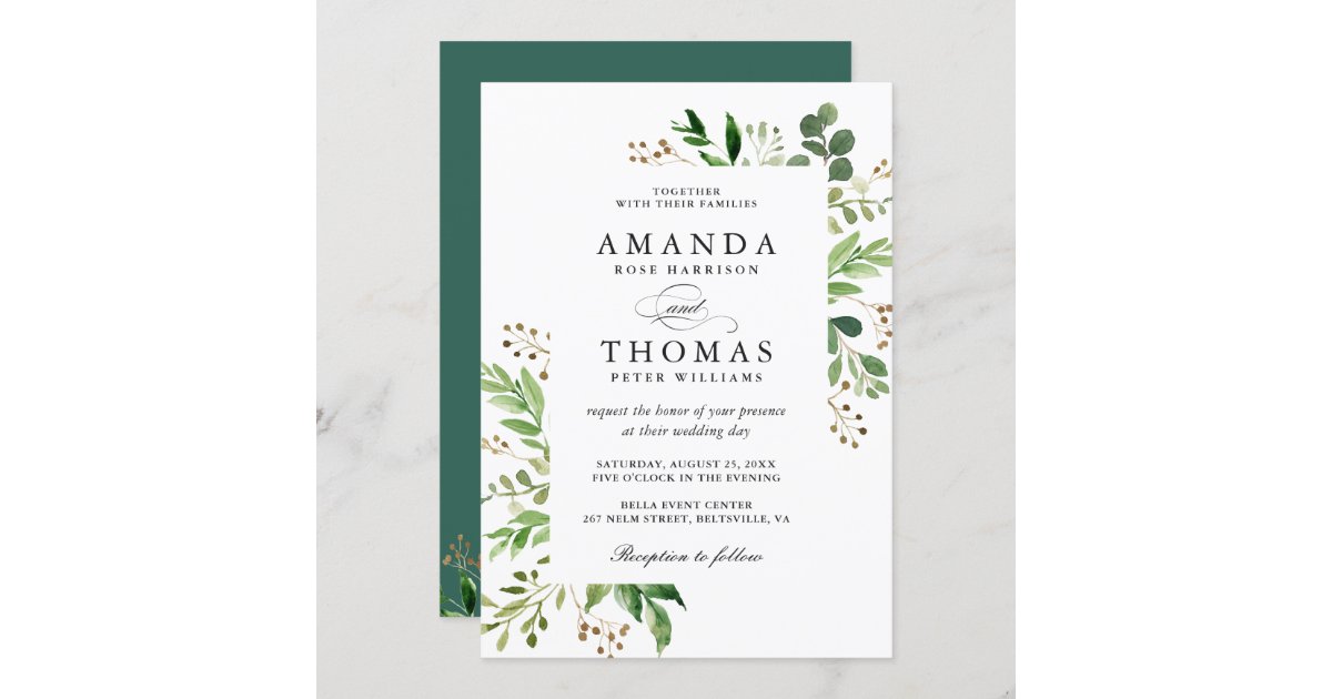 Modern Green Leaves Foliage Frame Wedding Invitation | Zazzle.com