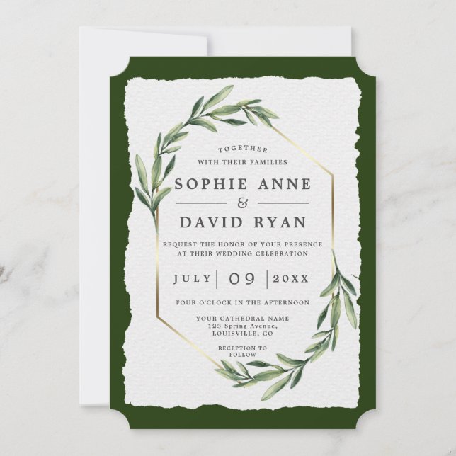 Modern Green Leaves Gold Frame Wedding   Invitation (Front)