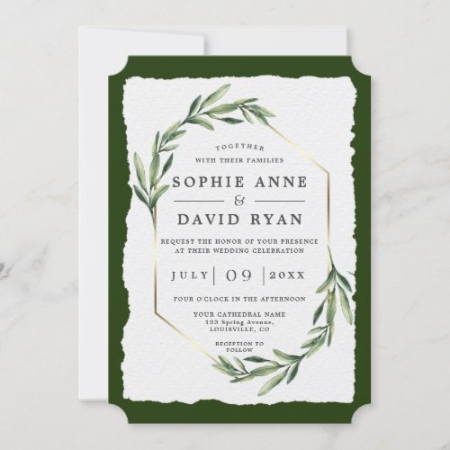 Modern Green Leaves Gold Frame Wedding   Invitation