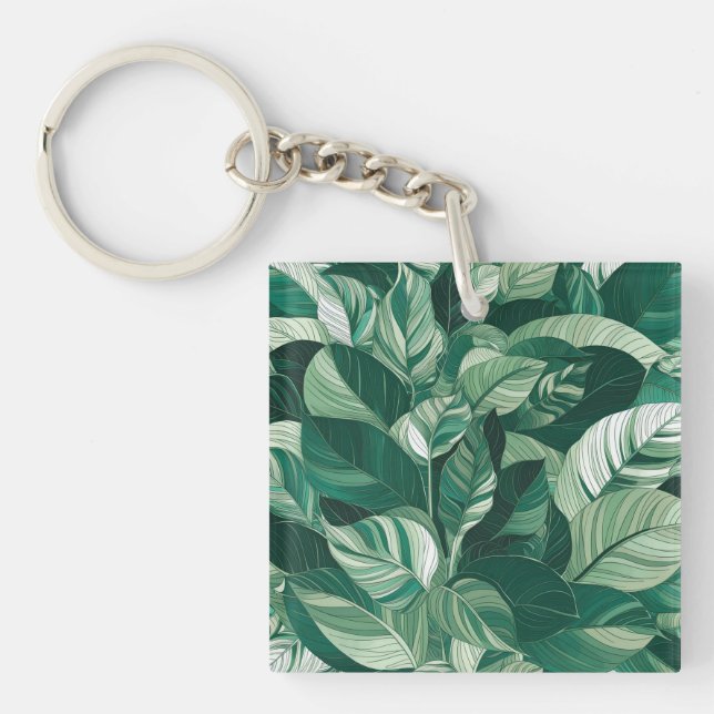 Modern Green Leaves Pattern Keychain (Front)