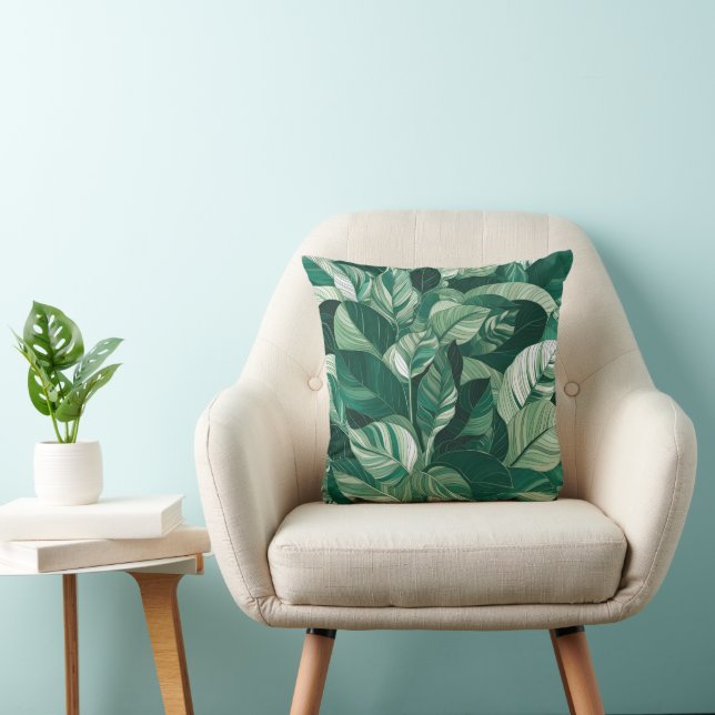 Modern Green Leaves Pattern Throw Pillow (Chair)