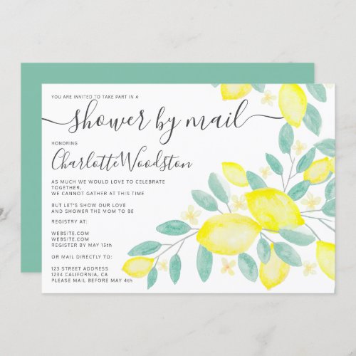 Modern green lemon watercolor baby shower by mail invitation