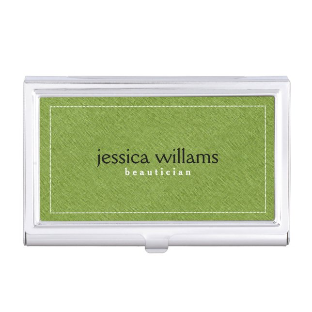 Modern Green Linen Texture White Frame Case For Business Cards (Front)