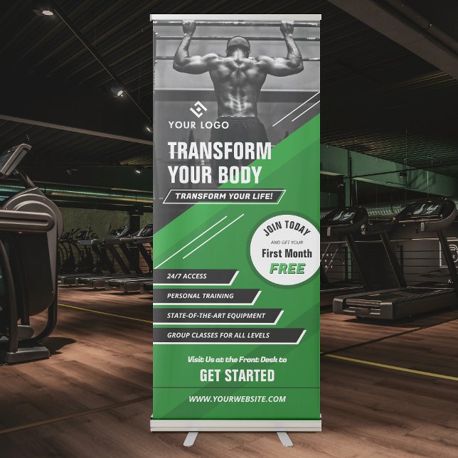 Modern Green Logo Workout Photo Fitness Marketing Retractable Banner (Trendy green and black sports marketing banner with photo and your logo)