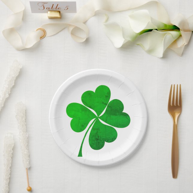 Modern Green Lucky 4 leaves heart Clover shamrock  Paper Plates (Wedding)