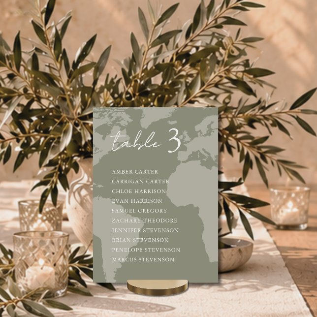 Modern Green Map Wedding Table Seating Chart Card (Modern Minimalist Green Map Wedding Table Seating Chart Card with ivory typography and script)