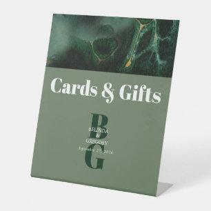 Modern Green Marble Monogram Wedding Cards Gifts Pedestal Sign
