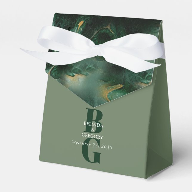 Modern Green Marble Monogram Wedding Favor Boxes (Front Side)