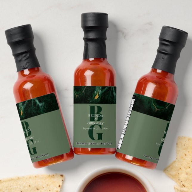 Modern Green Marble Monogram Wedding Favor  Hot Sauces (Laydown)