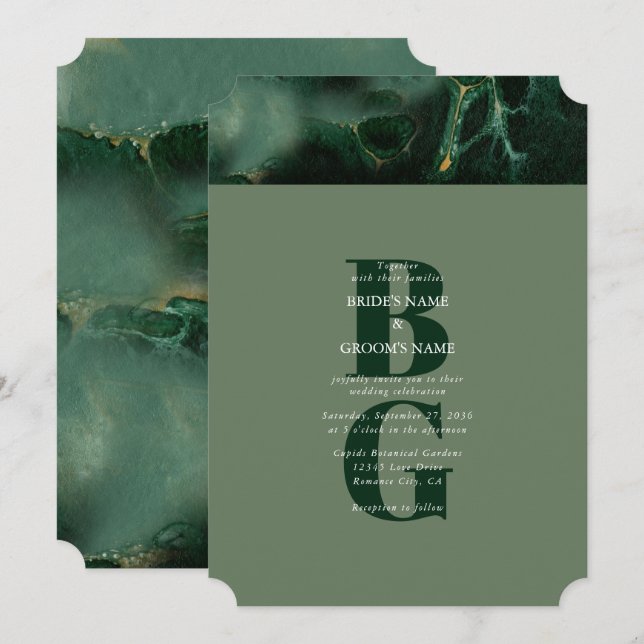 Modern Green Marble Monogram Wedding  Invitation (Front/Back)