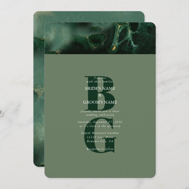Modern Green Marble Monogram Wedding Invitation (Front/Back)