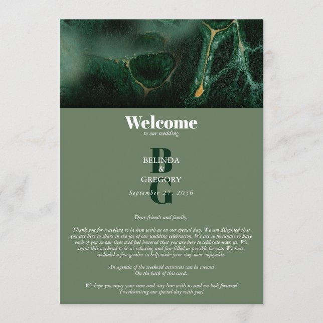 Modern Green Marble Monogram Wedding Itinerary Program (Front)