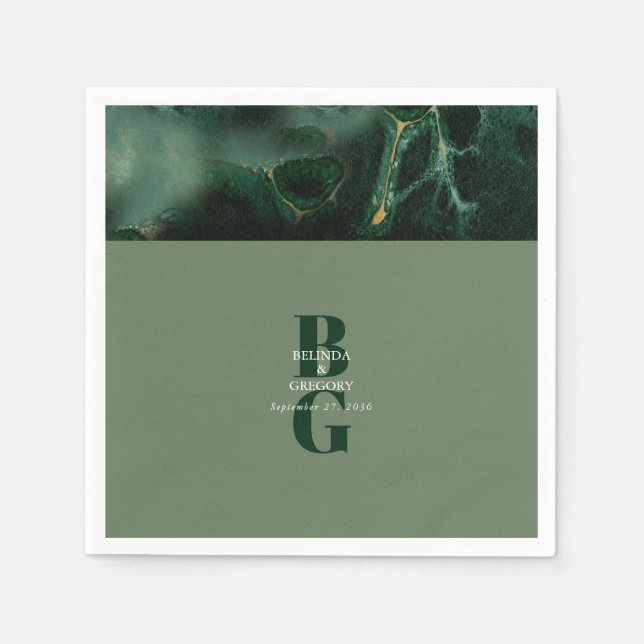 Modern Green Marble Monogram Wedding Napkins (Front)