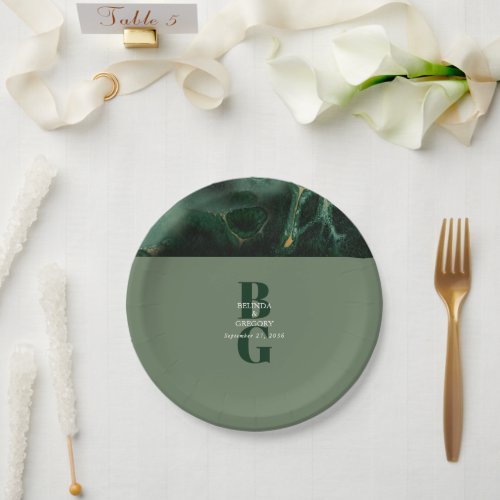 Modern Green Marble Monogram Wedding   Paper Plates