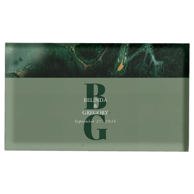Modern Green Marble Monogram Wedding   Place Card Holder (Front)
