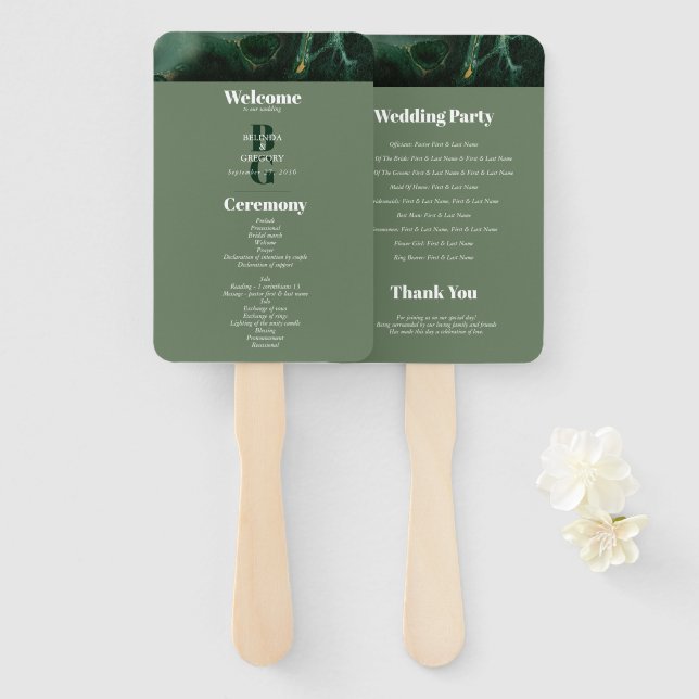 Modern Green Marble Monogram Wedding Program Hand Fan (Front and Back)