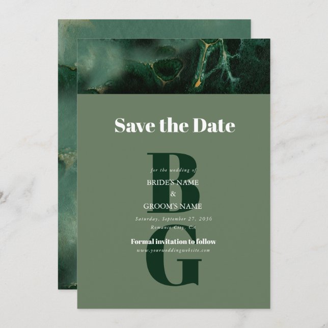 Modern Green Marble Monogram Wedding Save The Date (Front/Back)
