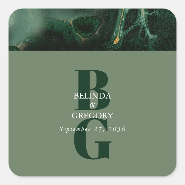Modern Green Marble Monogram Wedding  Square Sticker (Front)
