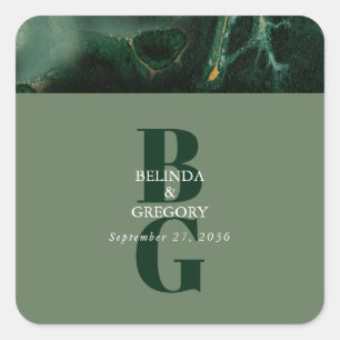 Modern Green Marble Monogram Wedding  Square Sticker