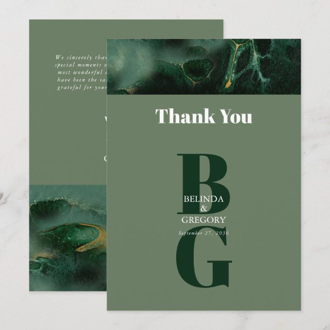 Modern Green Marble Monogram Wedding  Thank You Card (Front/Back)