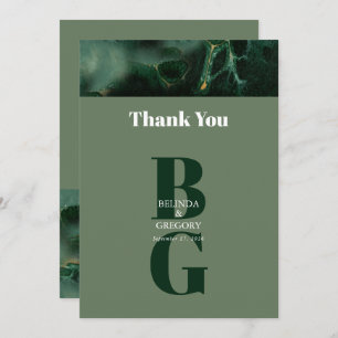 Modern Green Marble Monogram Wedding  Thank You Card