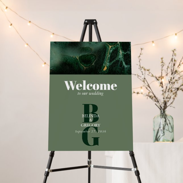 Modern Green Marble Monogram Wedding Welcome Sign (In Situ (Stand))