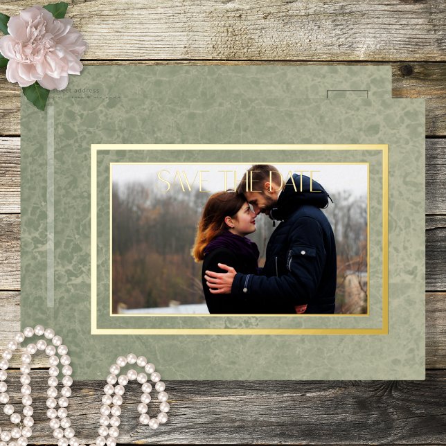 Modern Green Marble Photo Wedding Save the Date Fo Foil Holiday Postcard (Creator Uploaded)