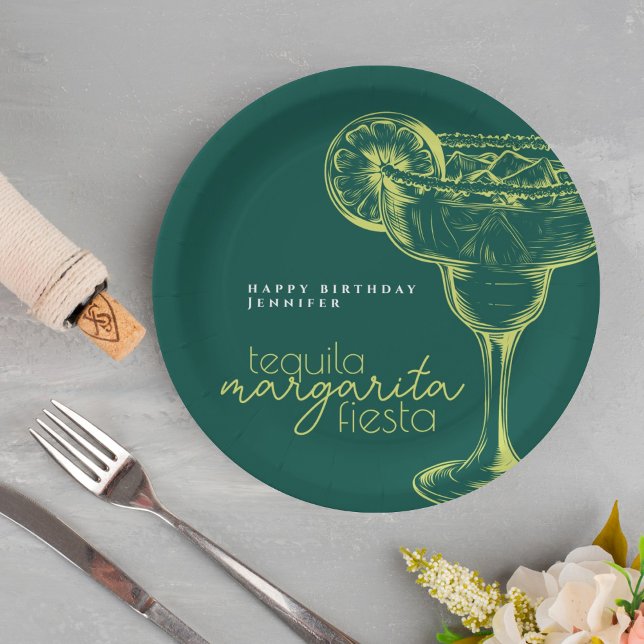 Modern Green Margarita Fiesta Birthday Party Paper Plates (Creator Uploaded)