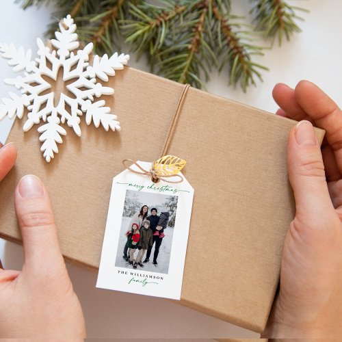 Modern Green Merry Christmas Calligraphy Photo  Gift Tags