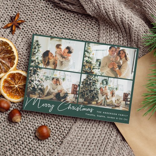 Modern Green Merry Christmas Four Photo Collage Holiday Card