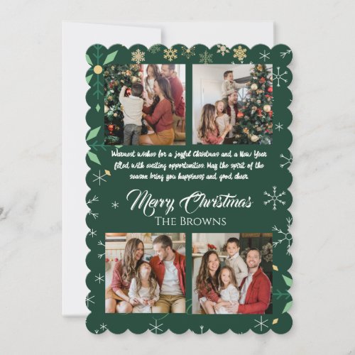 Modern Green Merry Christmas Four Photo Collage  Holiday Card
