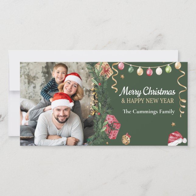 Modern Green Merry Christmas Happy New Year Photo Holiday Card (Front)
