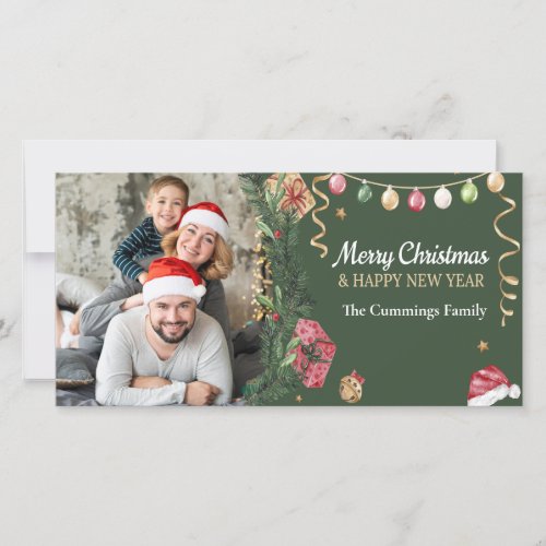 Modern Green Merry Christmas Happy New Year Photo Holiday Card