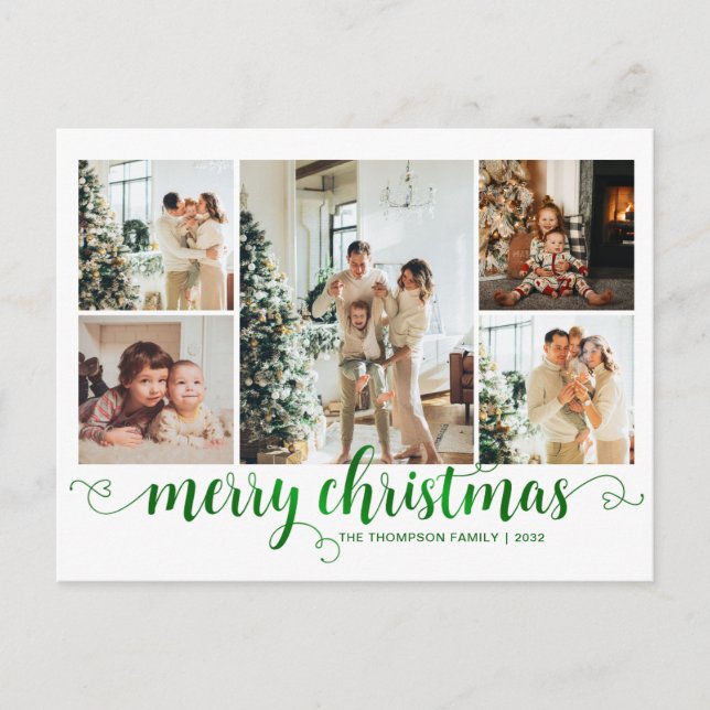 Modern Green Merry Christmas Heart Script 5 Photo Holiday Postcard (Front)