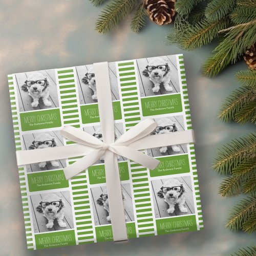 Modern Green Merry Christmas One Photo Wrapping Paper