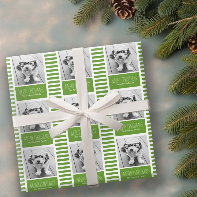 Modern Green Merry Christmas One Photo Wrapping Paper (Personalized Wrapping paper - 1 Photo)