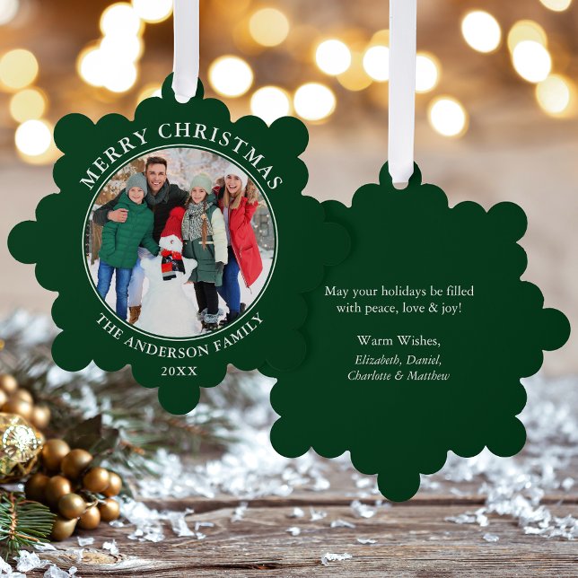 Modern Green Merry Christmas Photo Ornament Card (A greeting card that is also an ornament! Customize with your photo and personalized text.)