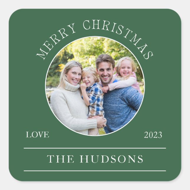 Modern Green Merry Christmas Round 1 Photo Square Sticker (Front)